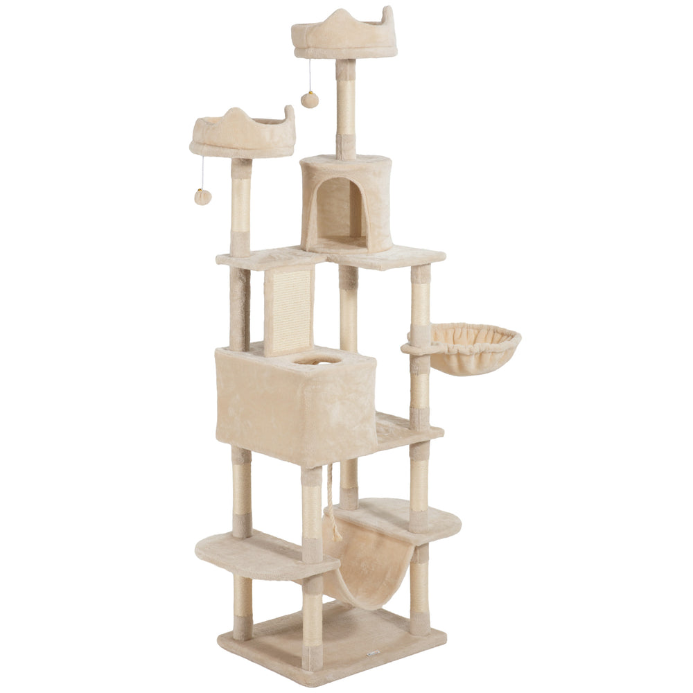 Large 206cm Cat Tree with Scratching Posts, Cabins, Beds, Hammocks, Beige
