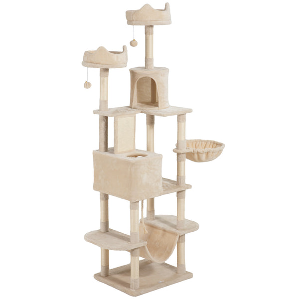 Large 206cm Cat Tree with Scratching Posts, Cabins, Beds, Hammocks, Beige