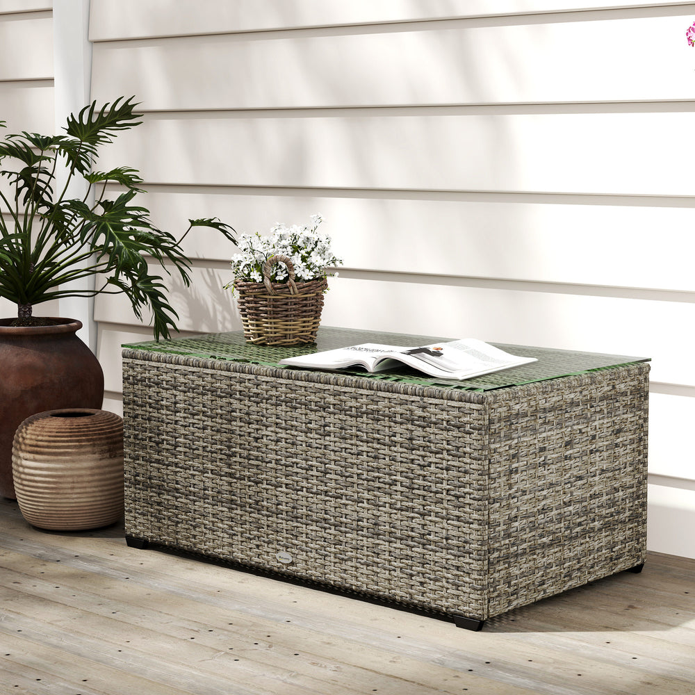 Wicker Outdoor Coffee Table, PE Wicker Rectangular Patio Table with Tempered Glass Top for Garden, Balcony, Dark Grey