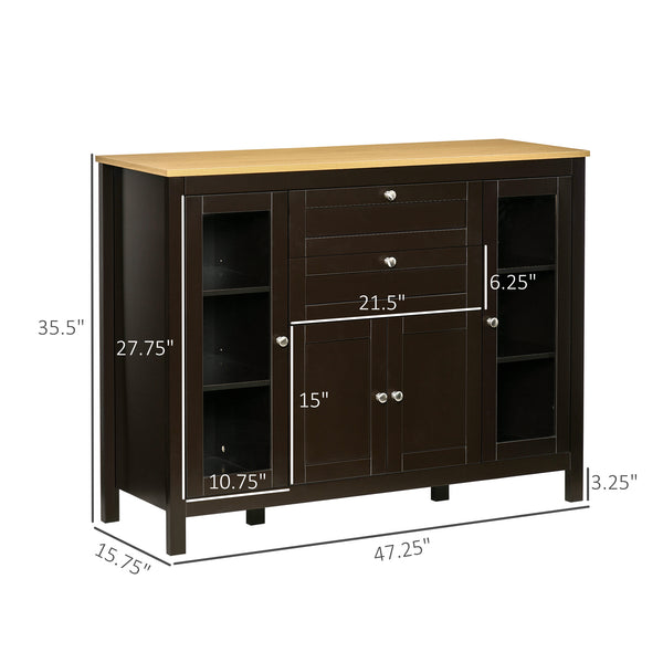 Sideboard with 2 drawers, 3 storage spaces, glass doors and adjustable shelves, dark brown