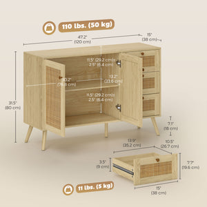 Rattan sideboard with soft-close doors with drawers, adjustable shelf, and wooden legs, natural color