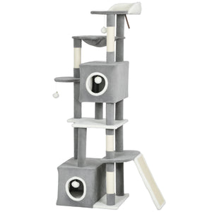 65-inch Cat Tree with 2 Doors, Plush Perch, Hammock, Sisal Scratching Posts, Grey