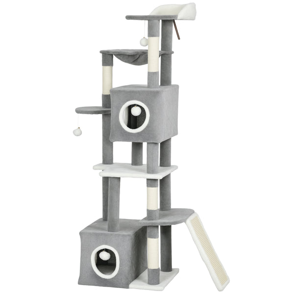 65-inch Cat Tree with 2 Doors, Plush Perch, Hammock, Sisal Scratching Posts, Grey