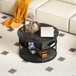 Round coffee table with storage shelf, aged dark gray