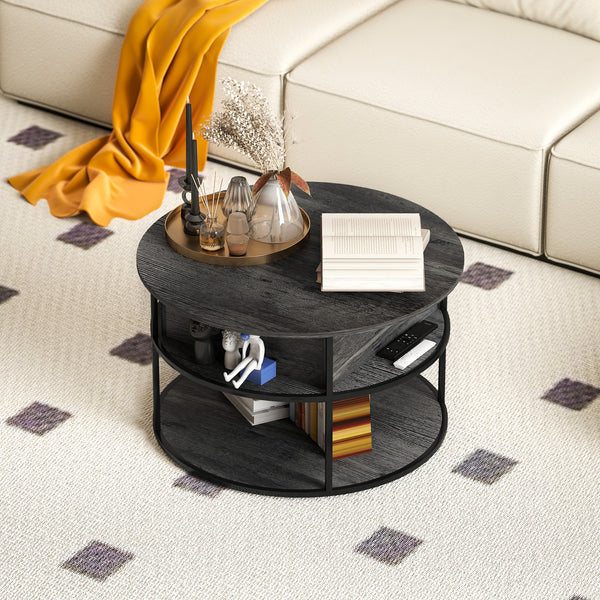 Round coffee table with storage shelf, aged dark gray