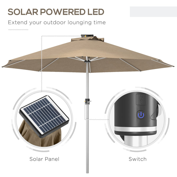 9.6-foot LED light-up parasol with 4 lighting modes, solar and USB charging, beige