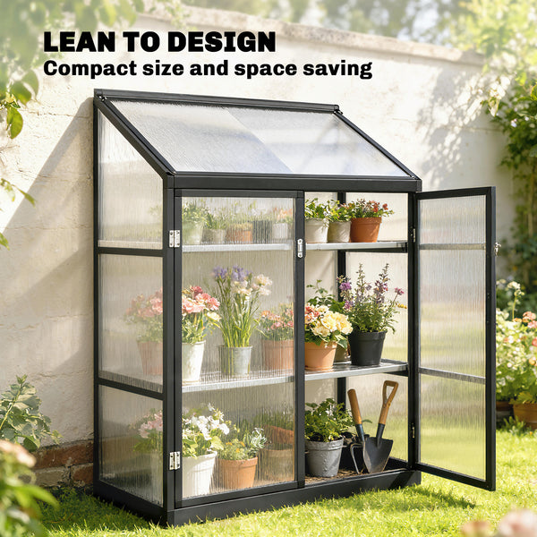 Polycarbonate garden greenhouse with shelves, black 