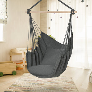 Hanging macrame cotton hammock with two soft cushions, dark grey