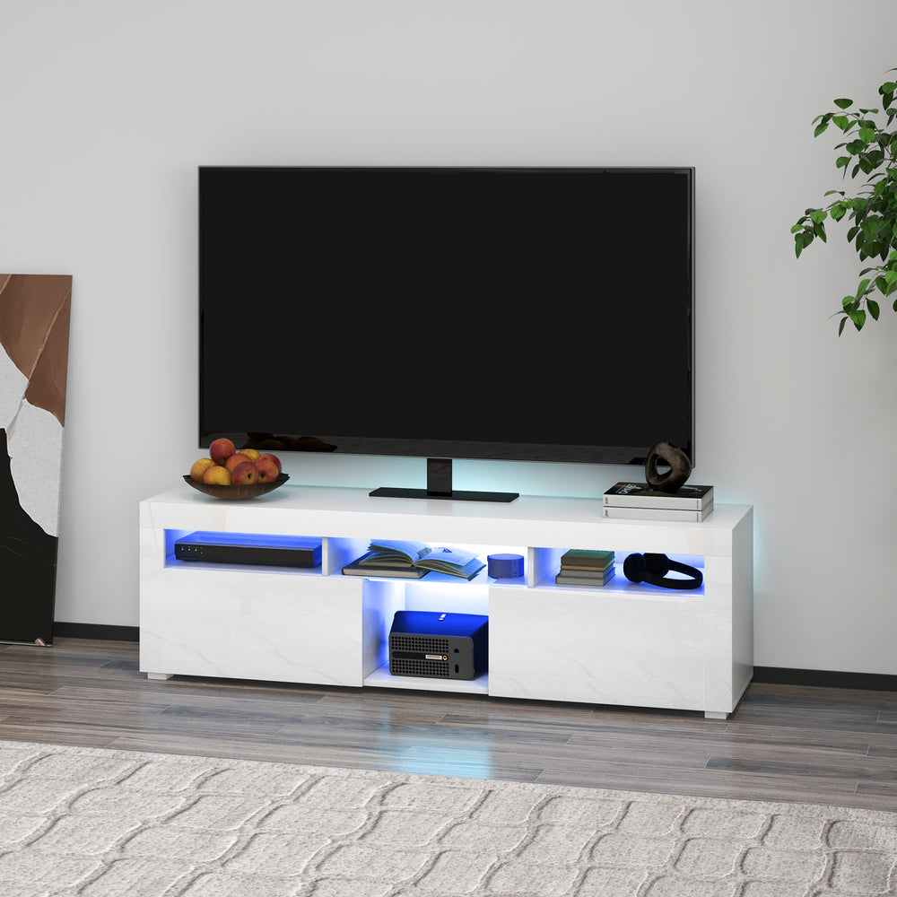 Cabinet with storage and LED lighting for TVs up to 55 inches, glossy white