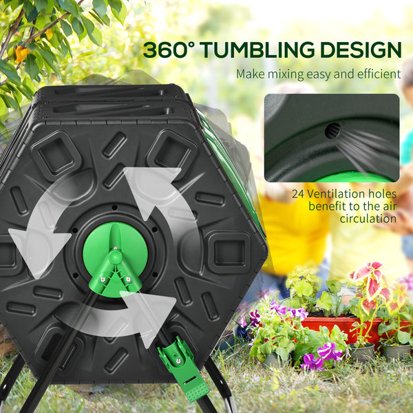 Rotating double-chamber composter with 24 vents and steel legs, green