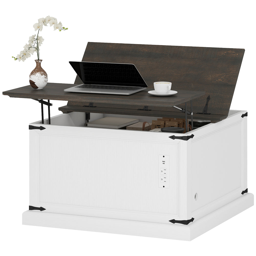 Lift-top coffee table with charging station, country style with concealed storage, white wood look.