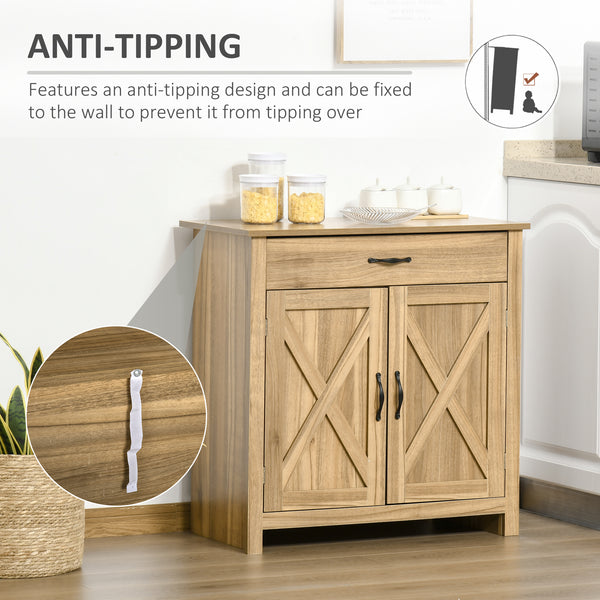 Farmhouse style sideboard with barn-style sliding doors, aged brown