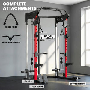 Weight training cage with adjustable pulley system, pull-up bar, dip station, Landmine pull-up bar