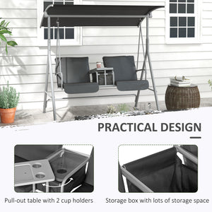 2-Seater Outdoor Porch Swing with Adjustable Canopy and Table, Patio Swing Chair for Garden, Poolside, Backyard, Grey