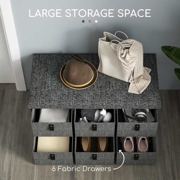 Shoe bench with cushion and 6 fabric drawers, anthracite grey