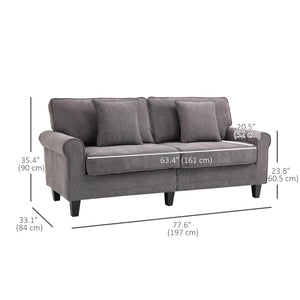 Modern 3-seater corduroy sofa with pine legs and rolled armrests, light grey