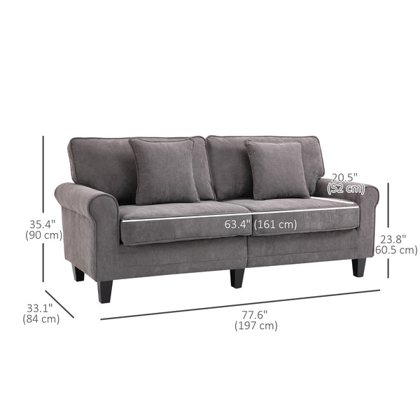 Modern 3-seater corduroy sofa with pine legs and rolled armrests, light grey