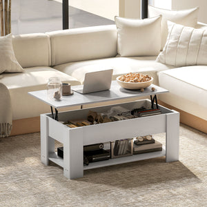 Lift-top coffee table with hidden compartment and open shelf, white