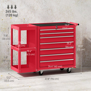 Mobile steel tool chest with 7 lockable drawers and side shelf, red