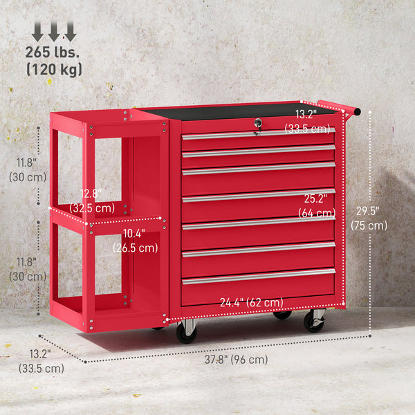 Mobile steel tool chest with 7 lockable drawers and side shelf, red