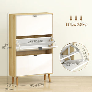 Narrow shoe cabinet, high-gloss finish, with 3 drop-down drawers and adjustable shelves, for 24 pairs, white