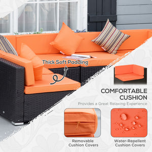 Modular 7-piece garden set in woven resin with coffee table, orange