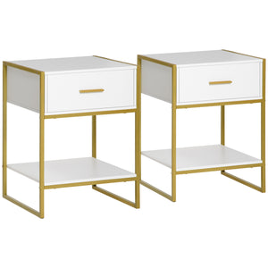 Set of 2 modern bedside tables with drawer and shelf, white and gold