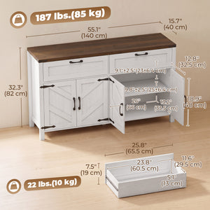 55" Storage Buffet with 2 Drawers, 2 Cabinets, and Adjustable Shelves, White