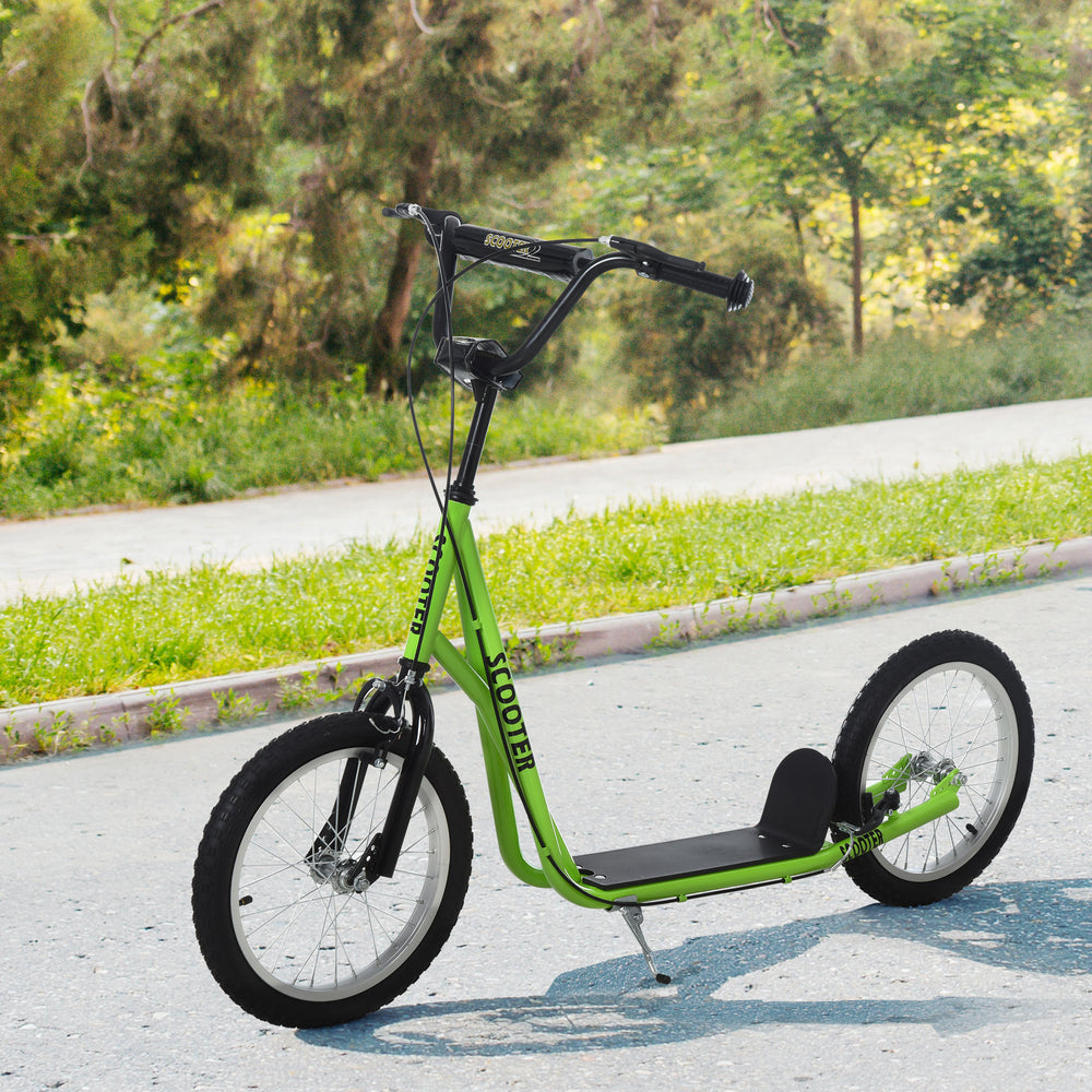 Scooter with 16-inch inflatable wheels and double brakes, green