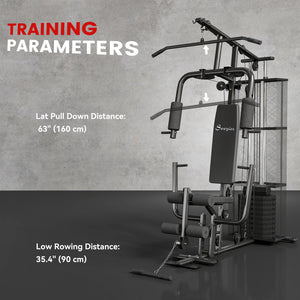 Multi-function weight station with 45 kg weight stack for lat pulldown, leg extensions, biceps curls, triceps pulldowns, and bench press, black.