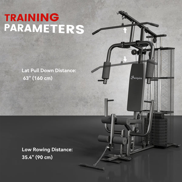 Multi-function weight station with 45 kg weight stack for lat pulldown, leg extensions, biceps curls, triceps pulldowns, and bench press, black.