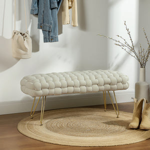 Velvet upholstered bed bench with gold metal legs, cream white