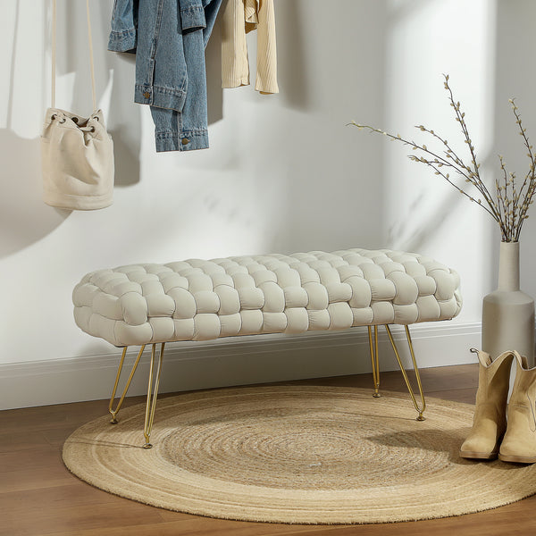 Velvet upholstered bed bench with gold metal legs, cream white