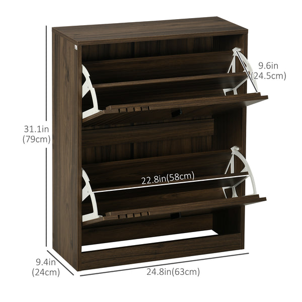 Shoe cabinet for 12 pairs, with 2 hinged drawers and adjustable shelves, walnut color