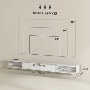 71" Floating Wall Mounted TV Stand with Drop-Down Drawer and 2 Open Shelves, White