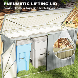 Garden shed with 3 bin compartments, double lockable door and hinged lid, silver grey 