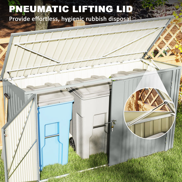 Garden shed with 3 bin compartments, double lockable door and hinged lid, silver grey 