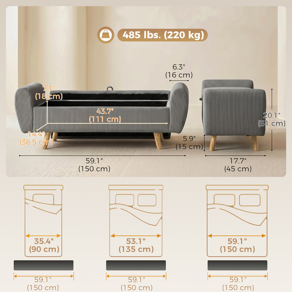59" Corduroy Storage Bench, Dark Gray