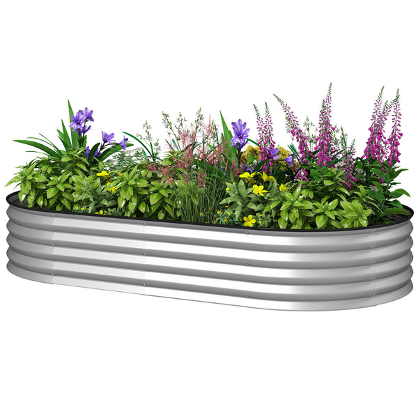 Jardinière d'extérieur surélevée en acier galvanisé avec tuteur en métal, couleur argent.