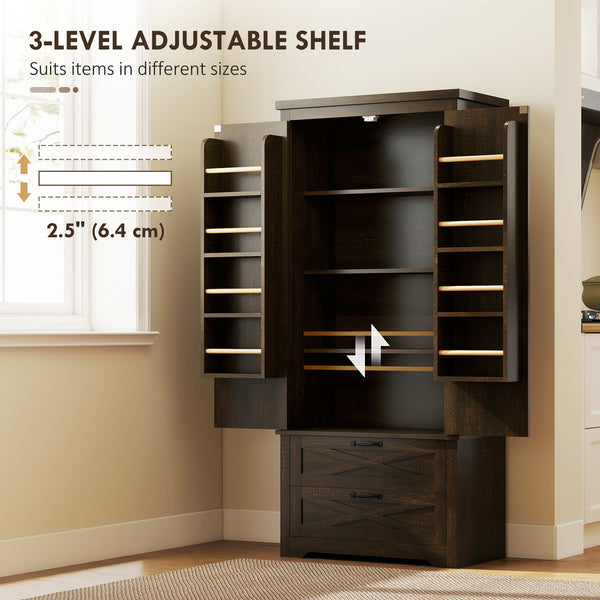 Country style pantry with drawers, distressed dark brown