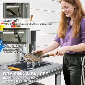 Outdoor potting table with tap, removable sink, hooks and storage shelves