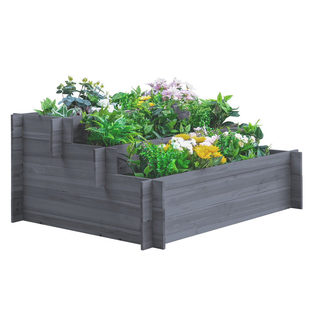 Three-tier raised wooden planter, grey