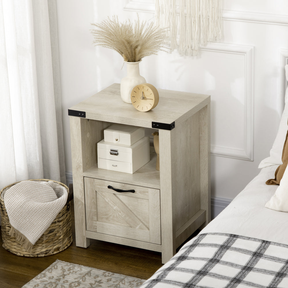 Side table with storage and drawer, oak