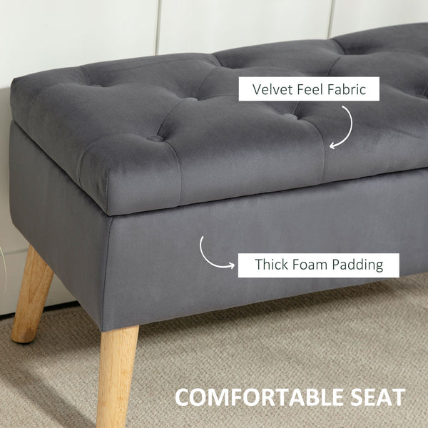 Storage ottoman with velvet upholstered lid and wooden legs, anthracite grey