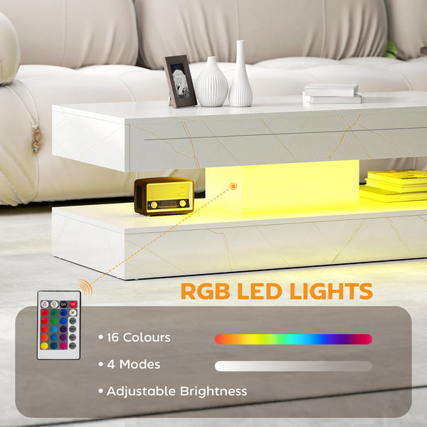 Coffee table with adjustable LED lighting, 2 drawers, open shelf, remote control, glossy white marble-effect lacquered finish