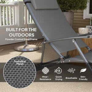 Set of 2 folding deck chairs with cushion, for terrace, garden, beach, gray