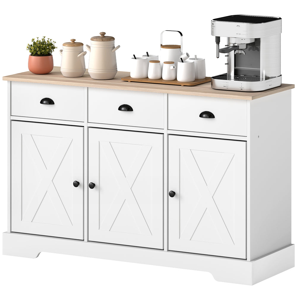 Country-style buffet, with 3 sliding doors and 3 drawers, white, ideal for the living room and kitchen.