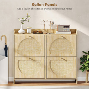 Shoe cabinet with 4 folding drawers with rattan doors and adjustable shelves, capacity of 16 pairs, natural color