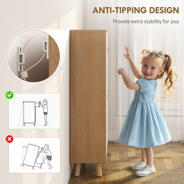 Narrow entryway shoe cabinet with 2 drop-down drawers, a top drawer and adjustable shelves for 12 pairs of shoes, white