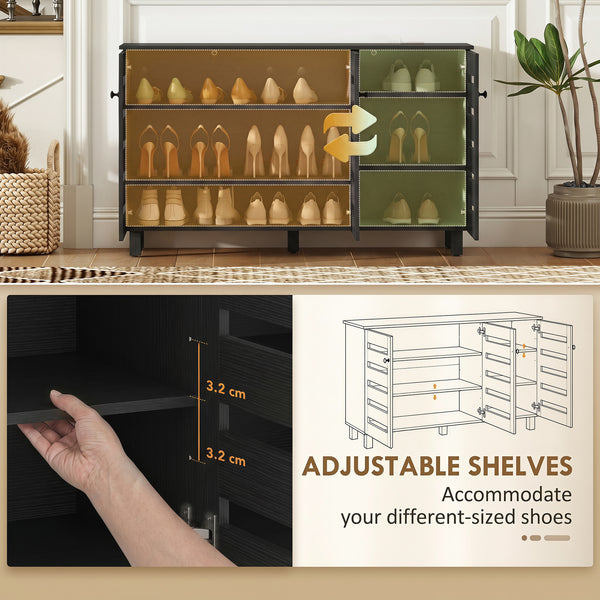 Black shoe cabinet with 2 cupboards and adjustable shelves for 15 pairs, black